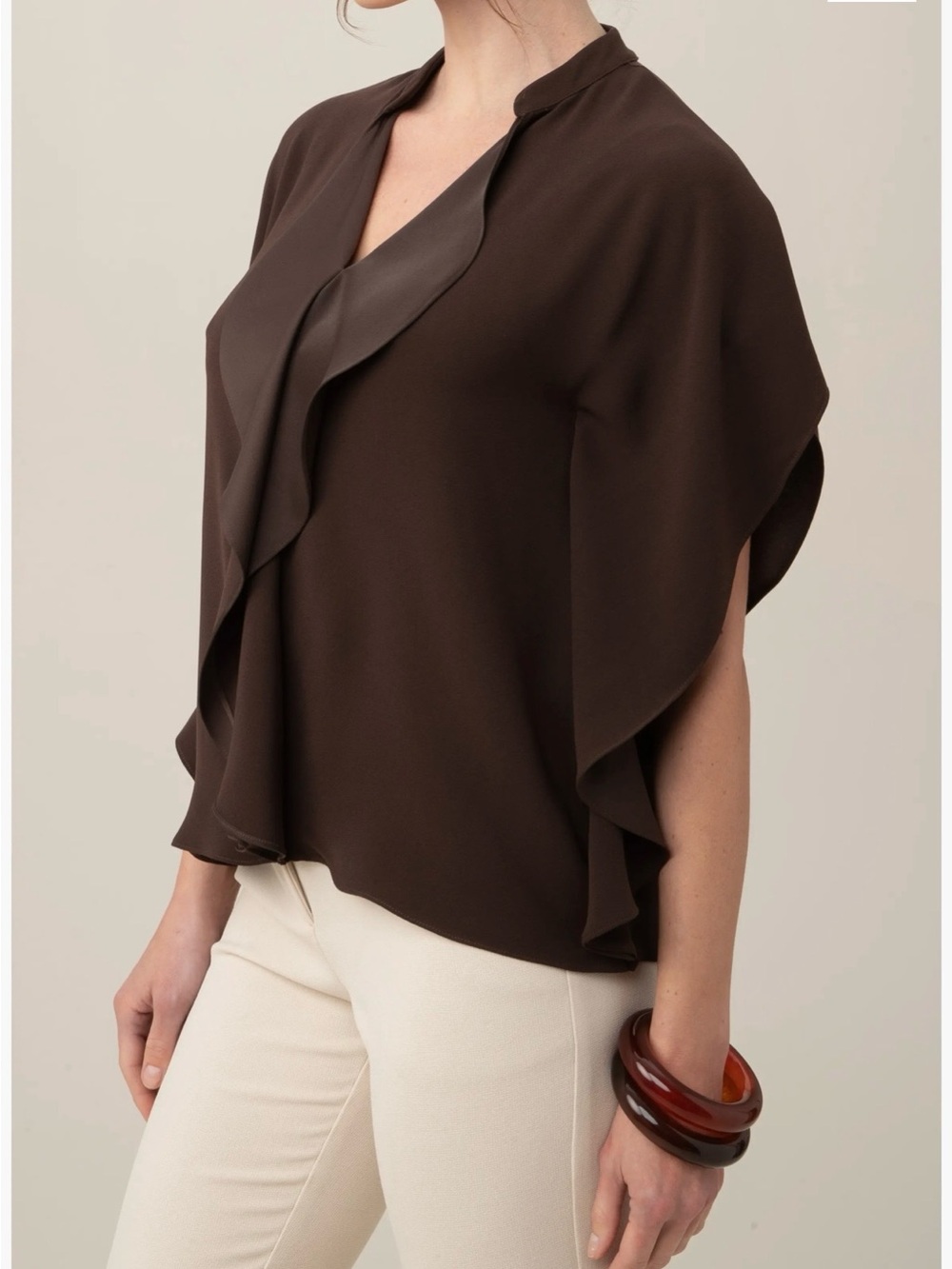 Trina Turk NWT Brown Tompkins Ruffle Crepe Boxy Square Top Blouse, size L - Picture 3 of 8